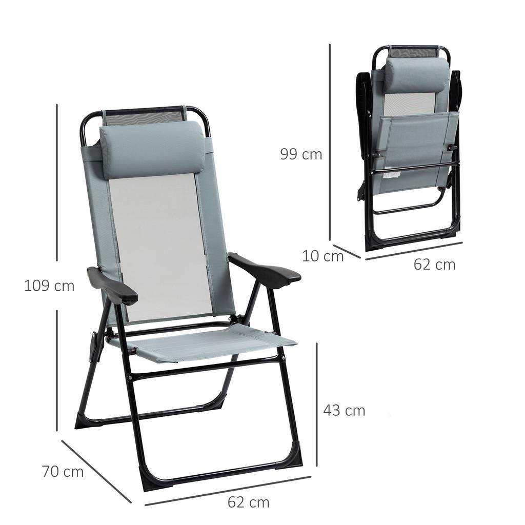 Folding Garden Chairs Set of 2, Portable Outdoor Patio Recliner Camping Chair with Adjustable Backrest, Grey