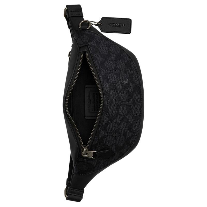 Coach Warren 29 Classic Presbyopic Nameplate Zipper Chest Bag Crossbody Bag Coated Canvas and Leather Belt Bag Large Size Men's Charcoal and Black