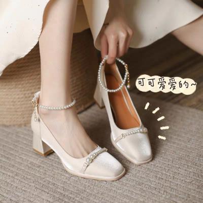 2024 High Heels Women's Fashion Square Heel Square Toe Mary Jane Shoes Elegant Mid-heel Party Shoes Banquet Solid Color Style