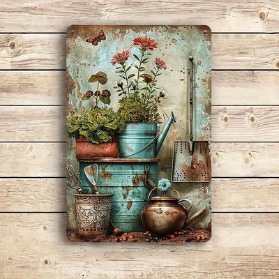 Vintage Reusable Metal Signage with Gardening Tools & Potted Plants for Homes & Gardens