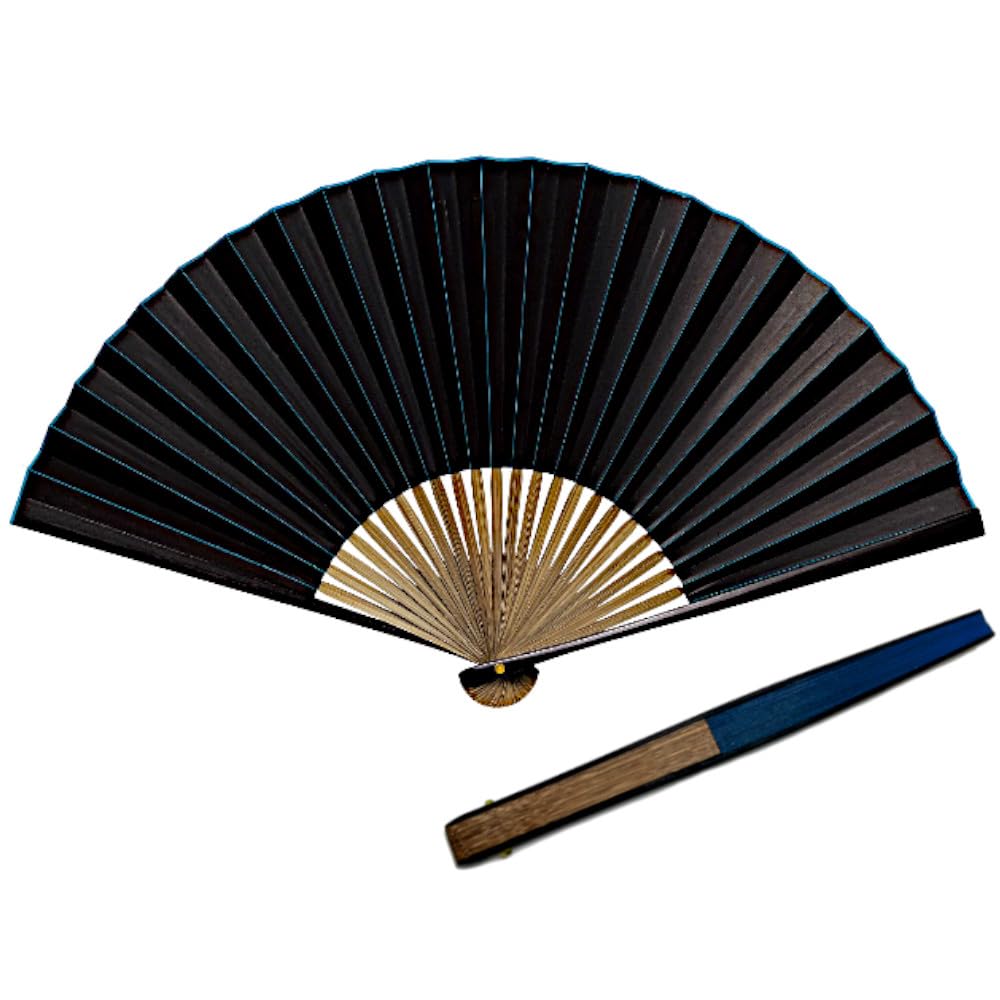 Large Folding Fan Set with Side Lacquer Paper Fan and Fan Bag Gold Side [Hana Kanzashi] Men's Finish, Fan, Case, (22cm) [Colored Lacquer, Blue, 262]