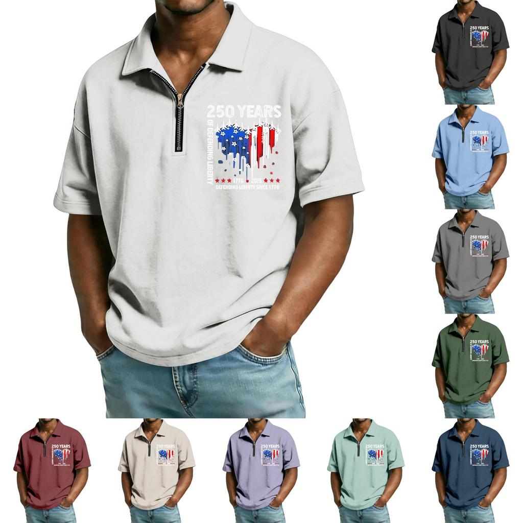 Men's Casual Loose Fit Polo Shirt Short Sleeve Top with Flag and Letter Print Suitable for Everyday Wear and Outdoor Activities