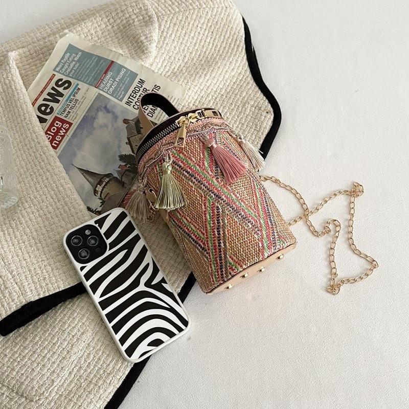 Stylish Round Box Bag For Women In Ethnic Design Soft Weave With Tassel Detail