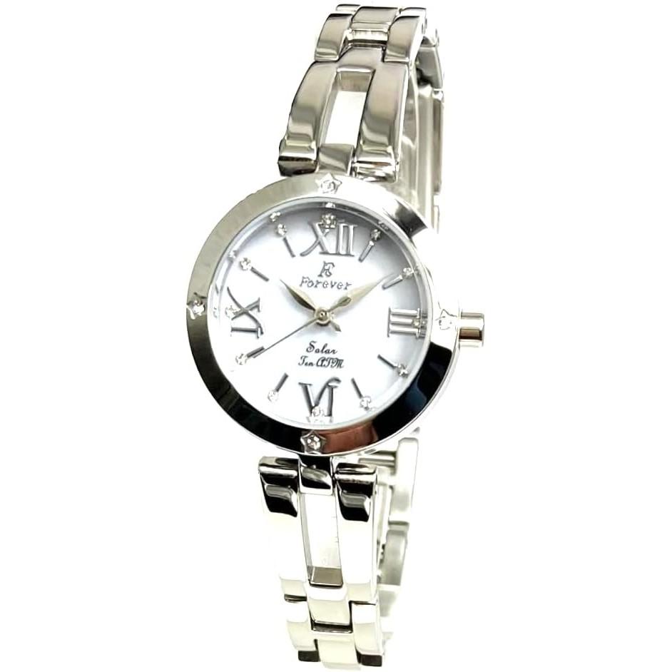 Solar 10 ATM Water Easy Strap Adjustment Tools Bracelet Japanese Solar Date Perfect White Roman Dial Ladies' Watch, Resistant, (No Required!),