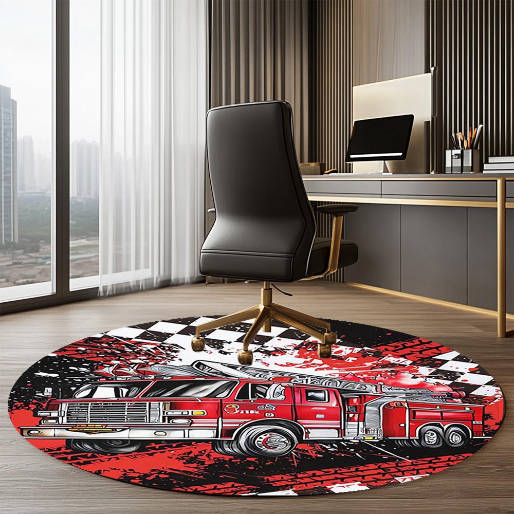 Fire Truck Printed Round Rug Carpet Chair Rug Area Rug Entryway Doormats,for Office Chair Living Room Bedroom Kitchen Room.