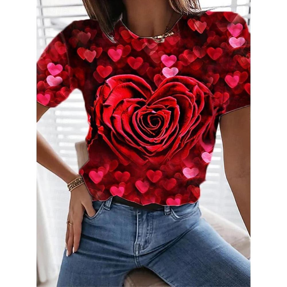 Women  Rose Floral Casual Holiday Print Short Sleeve Fashion Crew Neck Summer&Spring Harajuku  girls
