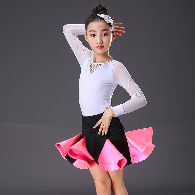 Girls' Exam Grade Latin Dance Costume Set - Long Sleeve Jumpsuit with Skirt for Autumn Practice