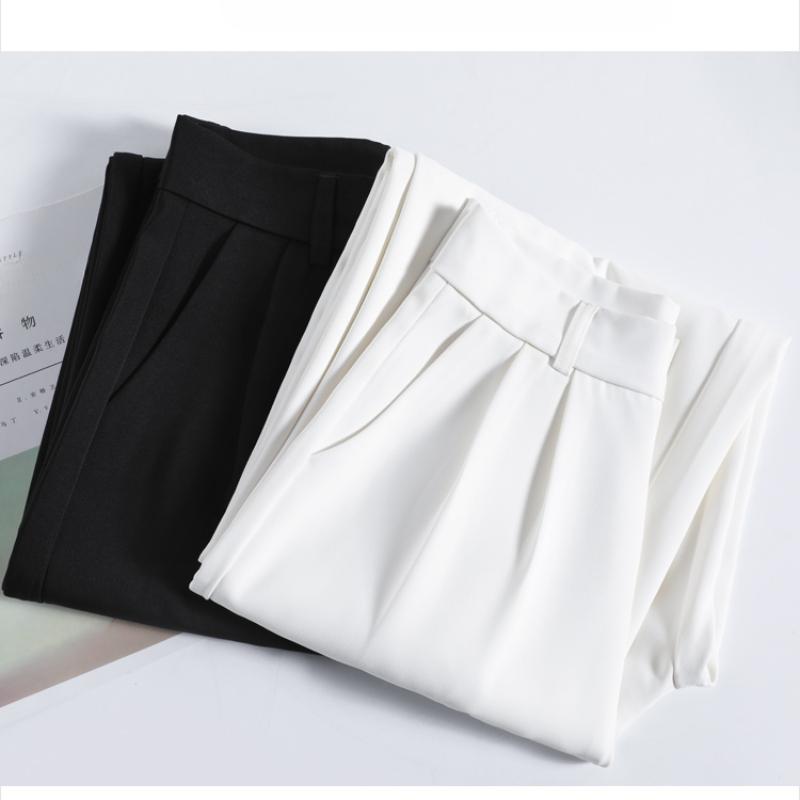 Fashion New Solid Straight Casual Wide Leg Pants Women Elegant Slim Fit High Waist Suit Pants Women Pockets Simple Office Ladies Trousers 25896