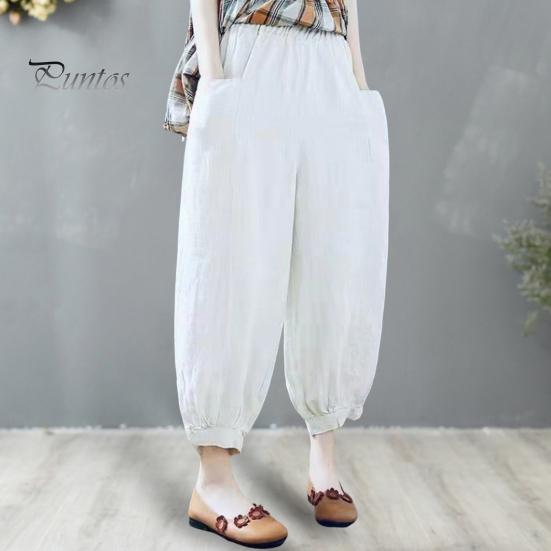 Loose Trousers Lantern Pants Summer Elastic Waist Solid Color Cotton Linen Dual Pockets Harem Ankle Length Fit Women Baggy Daily Wear Casual