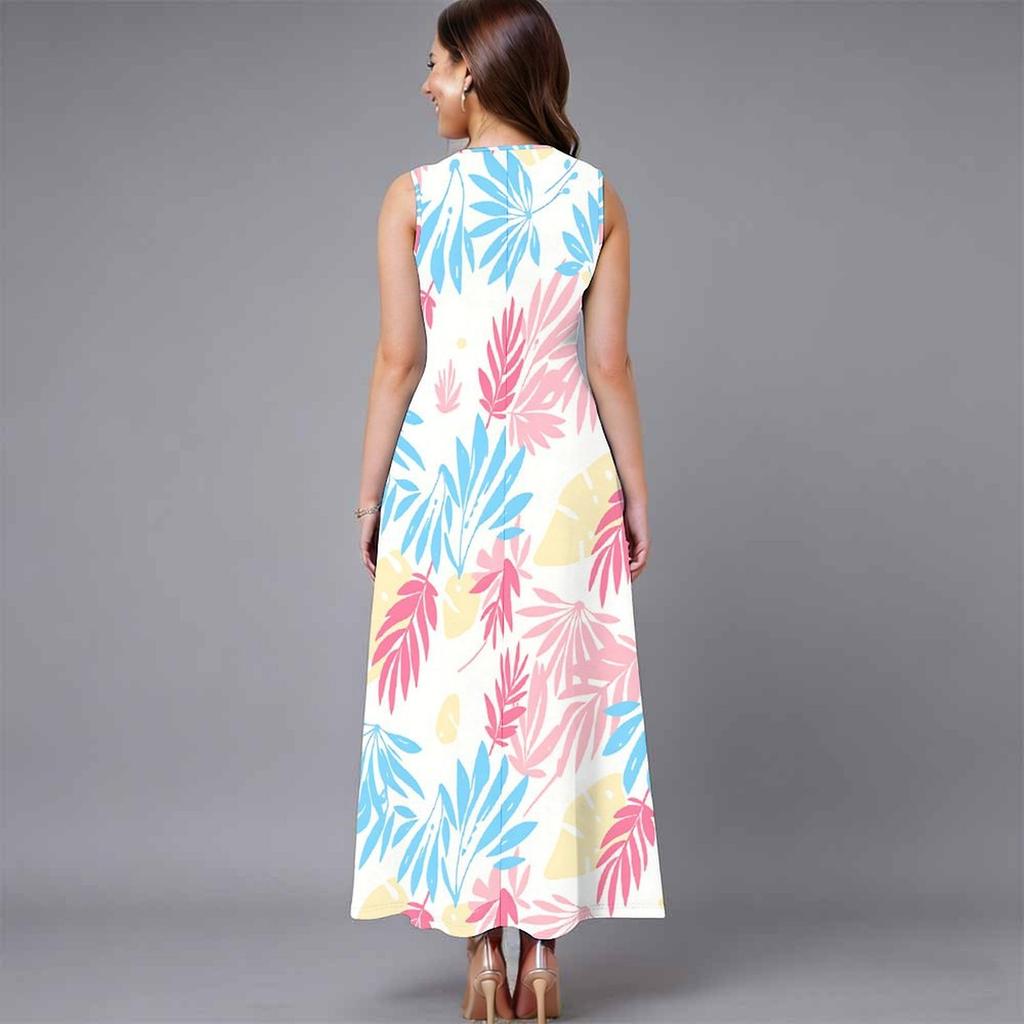 Plus Size Women Sleeveless Crew Neck Dress Fresh Mini Bouquet Flowy Mid Calf Dress