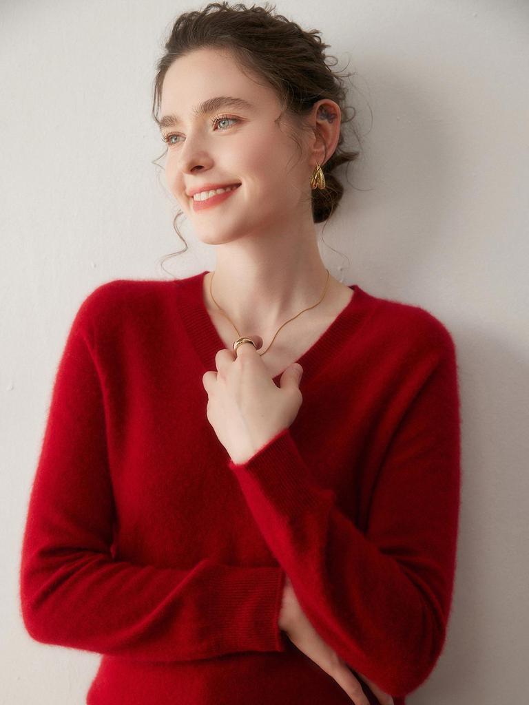 Women's Cashmere Knitwear V-Neck Sweater - Autumn/Winter Long Sleeve, Versatile Crossover Ribbed Design, Loose Fit, Slimming Innerwear