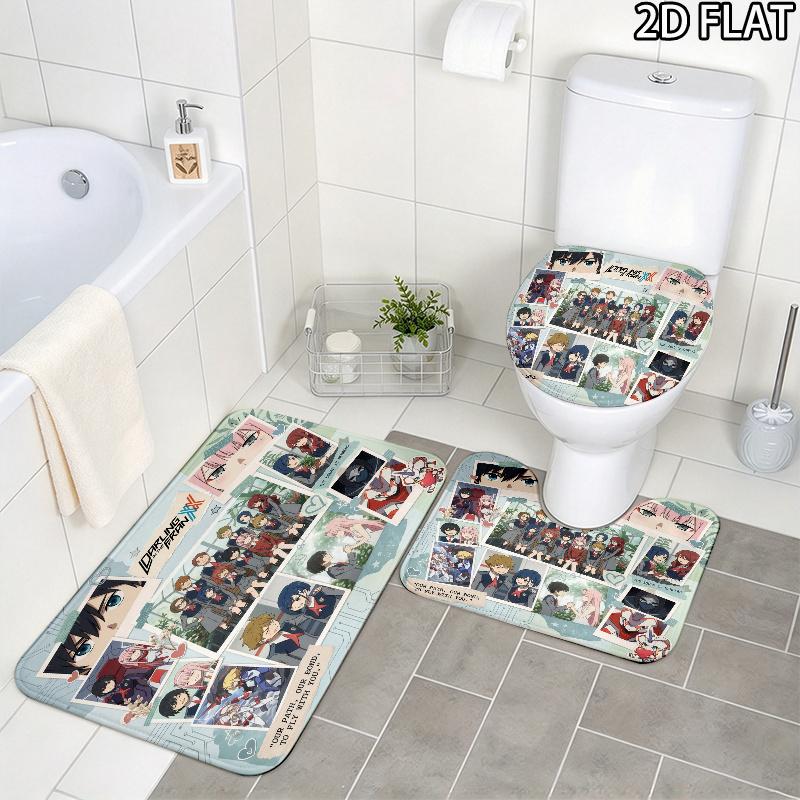 Franxx Collage 3Pcs Flannel Toilet Mat Set Bathroom Rug Bath Carpet Non Slip Home Decor Toilet 3 Pcs Bathroom Textile Set