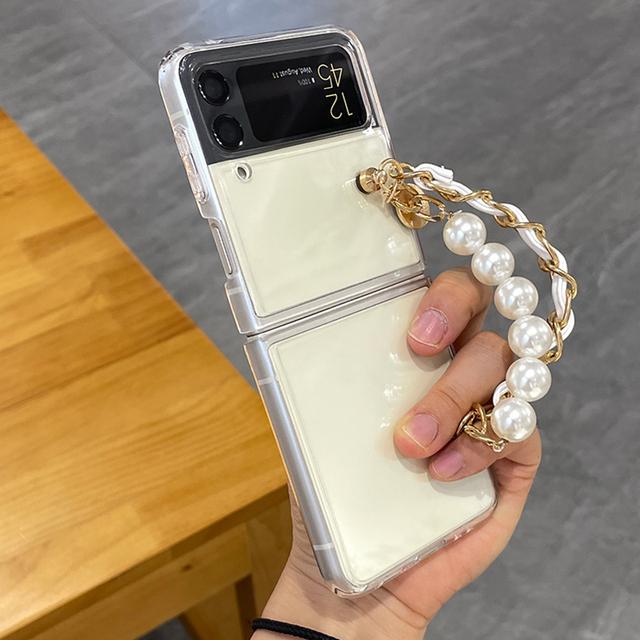 

Двойной чехол-браслет с жемчугом и кожаной веревкой для Samsung Galaxy Z Flip 3 4, прозрачный противоударный защитный чехол для ПК For Samsung Z Flip 4