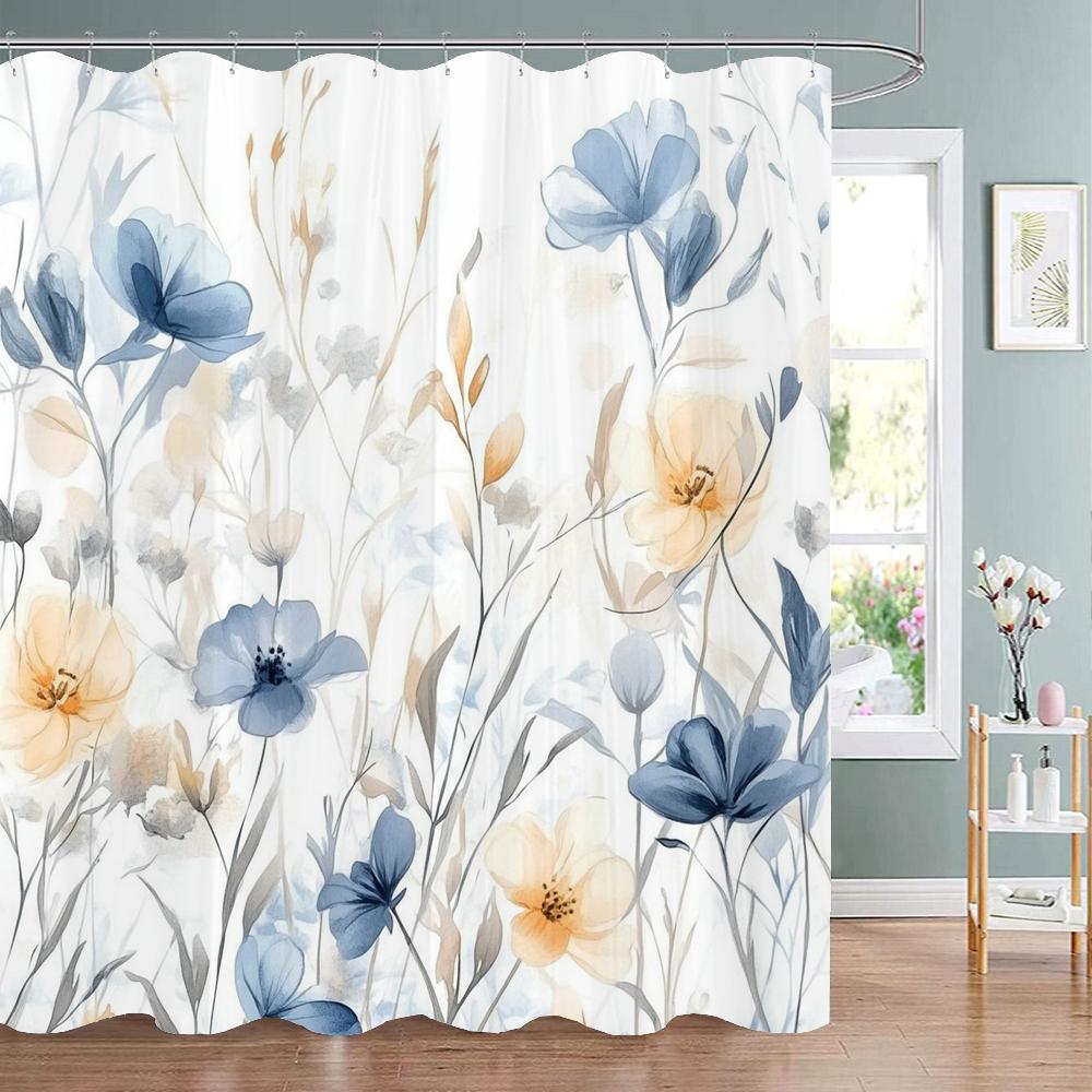 Modern Watercolor Blue Flowers Print Shower Curtain, Polyester Shower Curtain with Hooks for Bathroom Decorative Shower Curtain