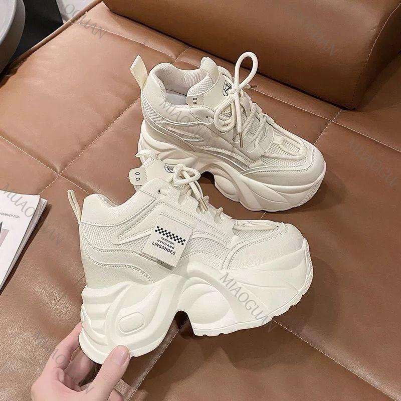 Fashion Women High Platform Sneakers Spring Autumn Lace-up Chunky Tennis Shoes Beige Thick Sole Casual Shoes Woman Sport Leather Sneaker