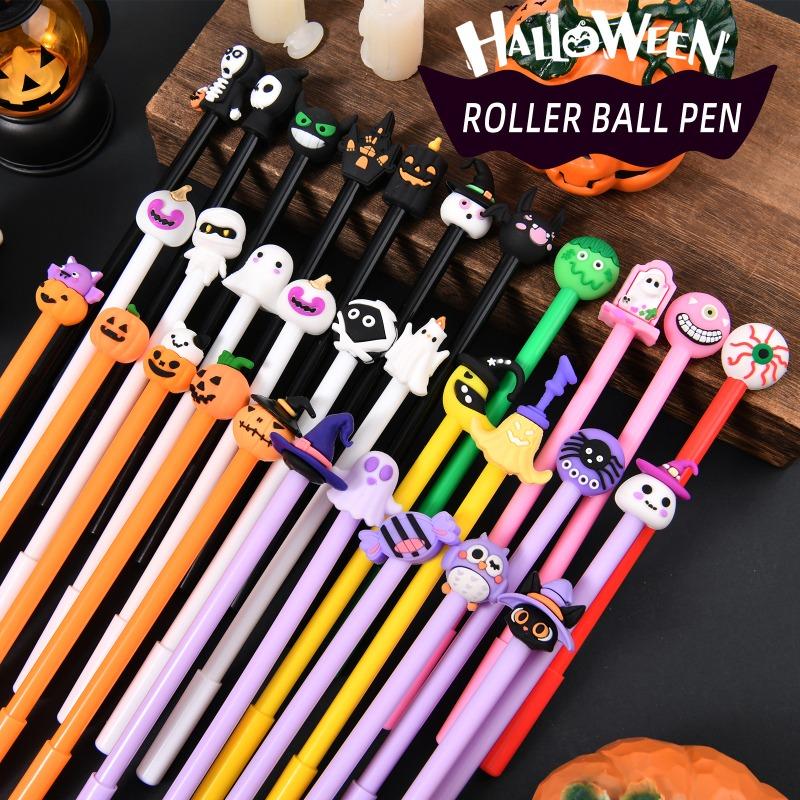 10/30Pcs Halloween Pens Pumpkin Skull Ghost Bat Pens 0.5 MM Black Rollerball Pen for Halloween Party Supply School Office Prizes