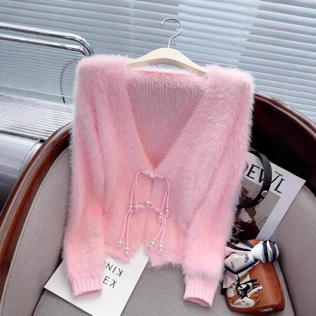 Imitation Mink Velvet Cardigan for Mature Women - Loose Pearl Button Knit Outerwear for Autumn/Winter