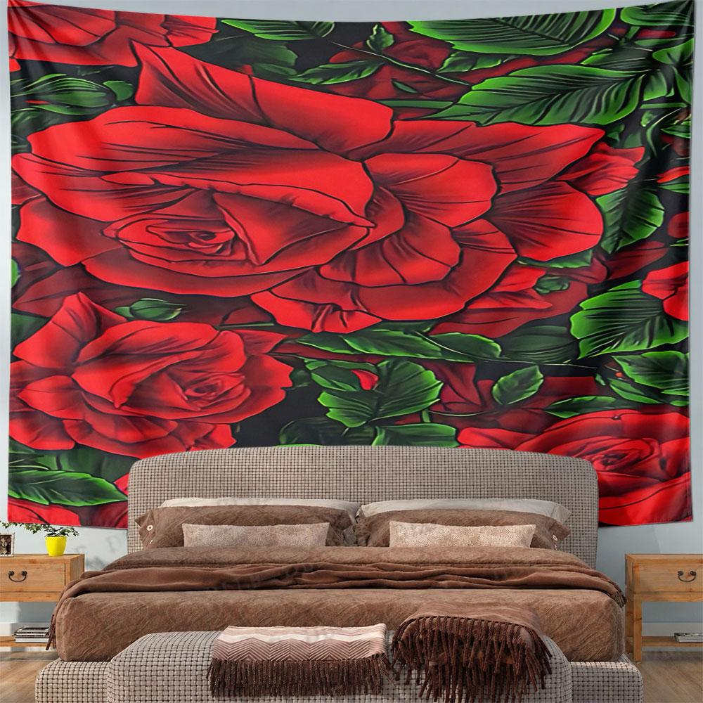 Red Roses with Green Leaves Pattern Pattern Wall Hanging Tapestry Decorative Tapestry Home Decor for Bedroom and Living Room
