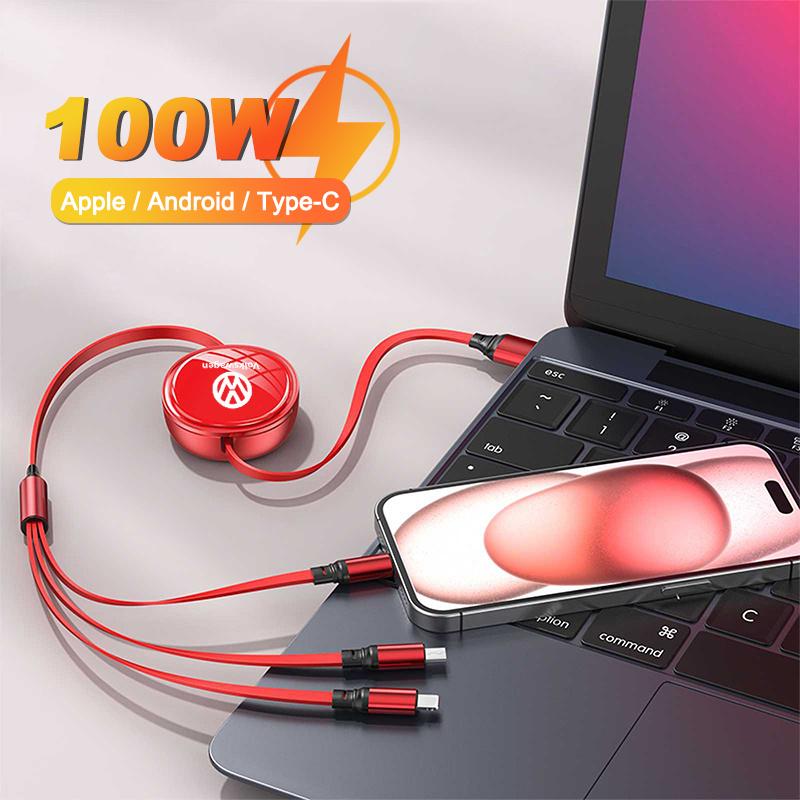 For VW 3In1 Retractable 100W Fast Charge Cable For iPhone USB Type C/Micro For Volkswagen VW R-line GTI R Polo Golf Passat Tig