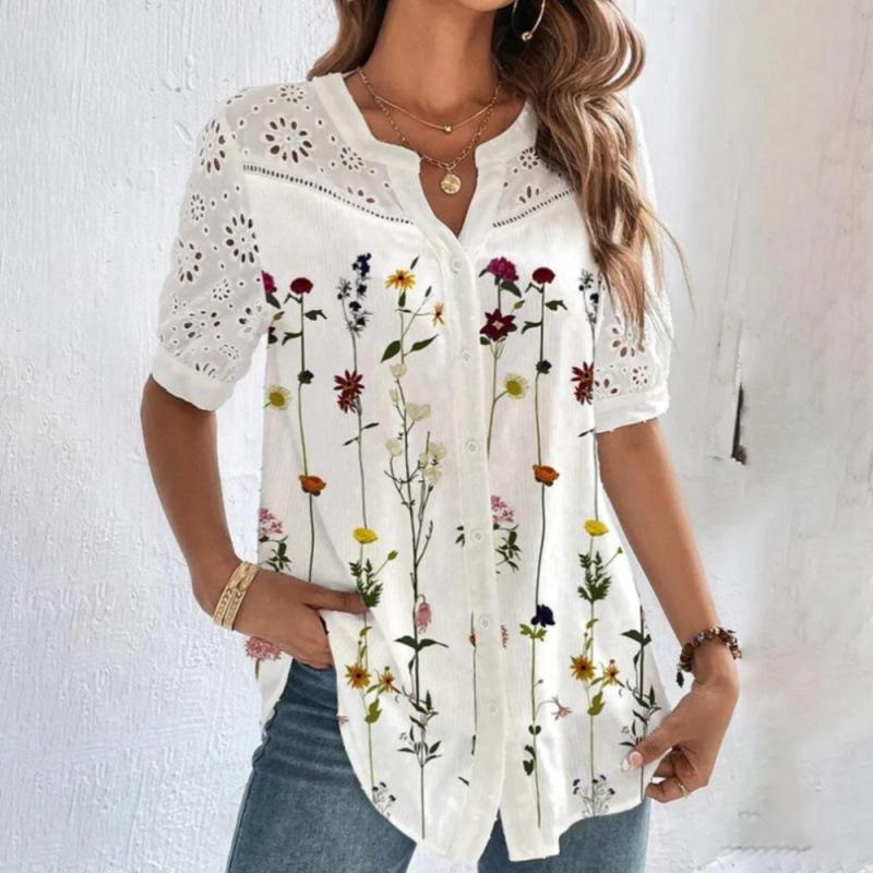 Women V Neck Half Button Floral Print Eyelet Embroidery Short Sleeve Casual Blouse S