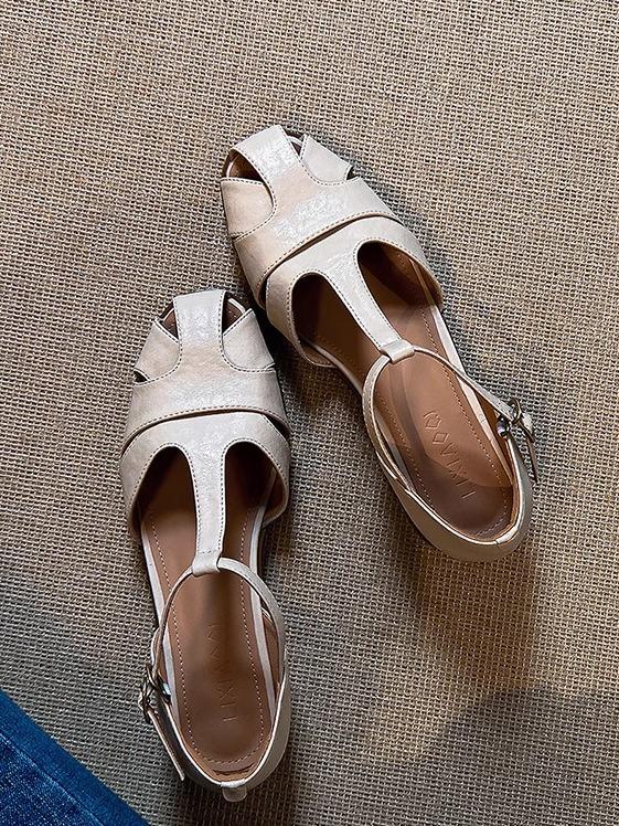 Versiune piele de oaie~ sandale de vară retro cu vârf rotund gol din piele pentru femei, cu o bandă și toc gros gol, stil literar, pantofi cu vârf închis