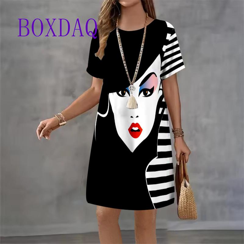 Fashion Black White Portrait Girl Printed Women's Dress 2025 New Summer Sundress Short Sleeve O-neck Loose Casual Mini Dress