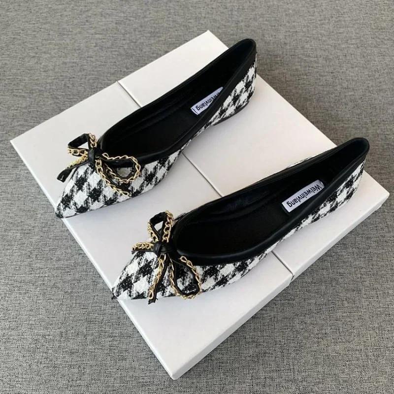 2024 Spitz zulaufende flache Damenschuhe Hahnentritt Schleife Damenschuhe Bequem und vielseitig Weiche Sohle Vier Jahreszeiten Arbeitsschuhe