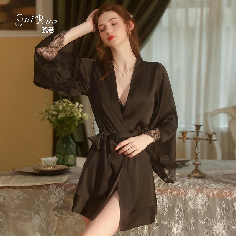 Women's Lace Cardigan Tie Sleepwear Bathrobe Lounge Set