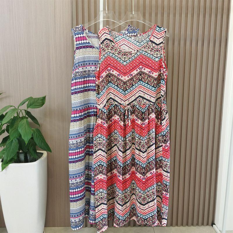 Summer Sleeveless Dress Cotton Silk Dress Drawstring Print Bohemia Beach Dress Home Wear Nightdress with Pockets