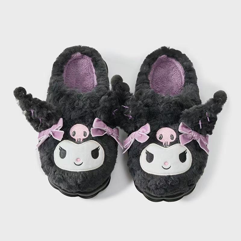 Black Kuromi Plush Cotton Slippers for Women - New Autumn/Winter 2024 Style, Thickened & Warm.