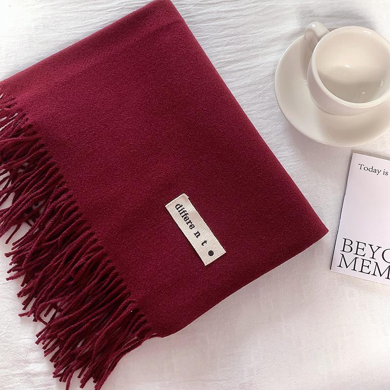 Flowing Fringe, Color-blocked, Simple Design, Faux Cashmere-like Scarf, Winter-thick, Cape-style, Student-friendly, Solid Color.