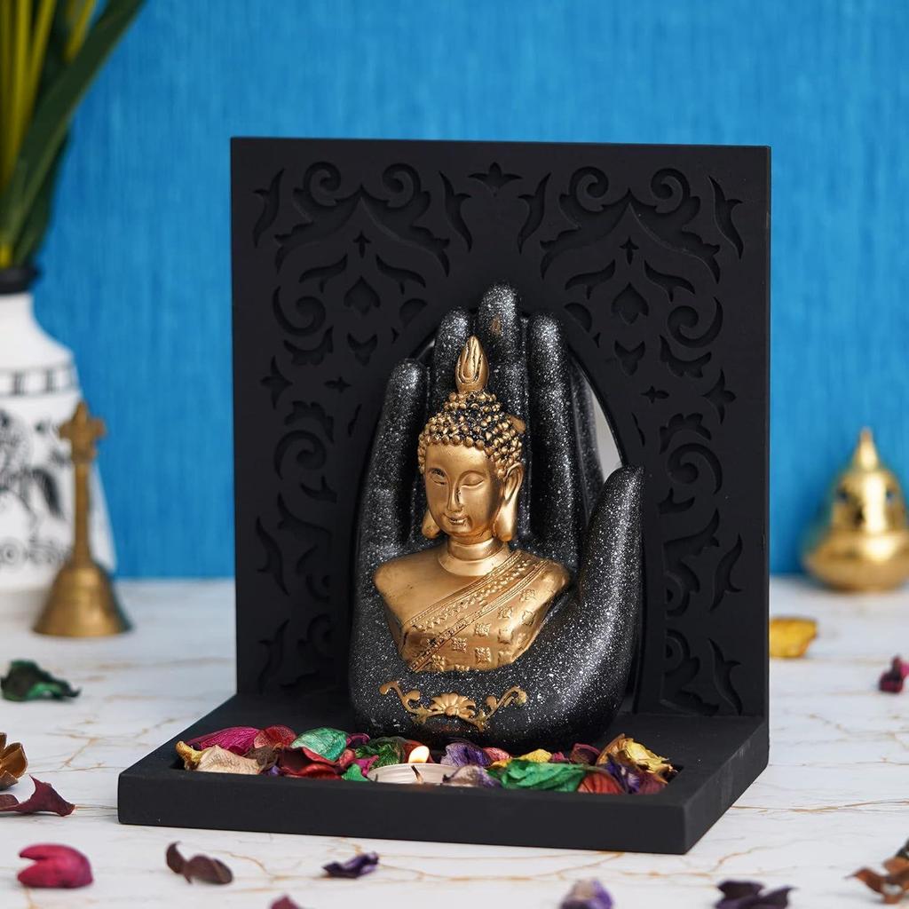 Grey Golden Resin Palm Lord Buddha Idol Tea Light Candle Holder| Gautam Buddha Statue Tea Light Holder Diwali Decoration Items