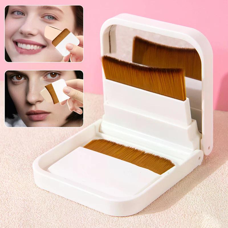 2Pcs Ultra-thin Compact Foundation Brush With Mirror Box Easy To Carry Flat-head Makeup Brush No Trace Replaceable Makeup Tools