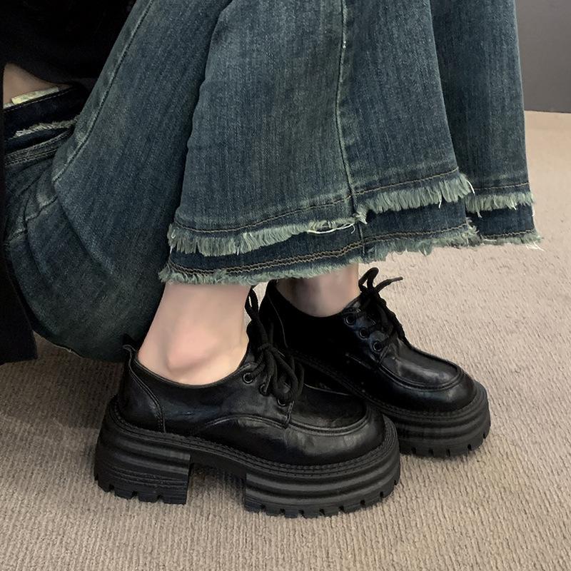 Thick-soled Heightening Loafers Women's 2025 New Spring and Autumn Women's Shoes Lace-up Round Head Single Shoes Popular British Small Leather Shoes