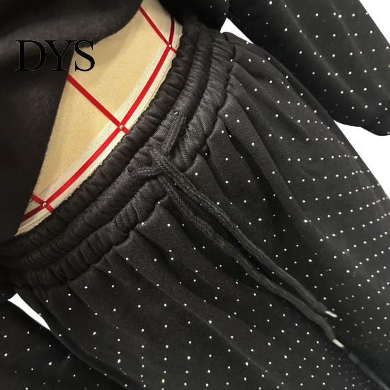 Women Spring Suit 2 Pcs/Set Top Pants Round Neck Long Sleeves Rhinestone Decor Sweatshirt Tracksuit Elastic Waist Wide Leg Trousers Daily Wear