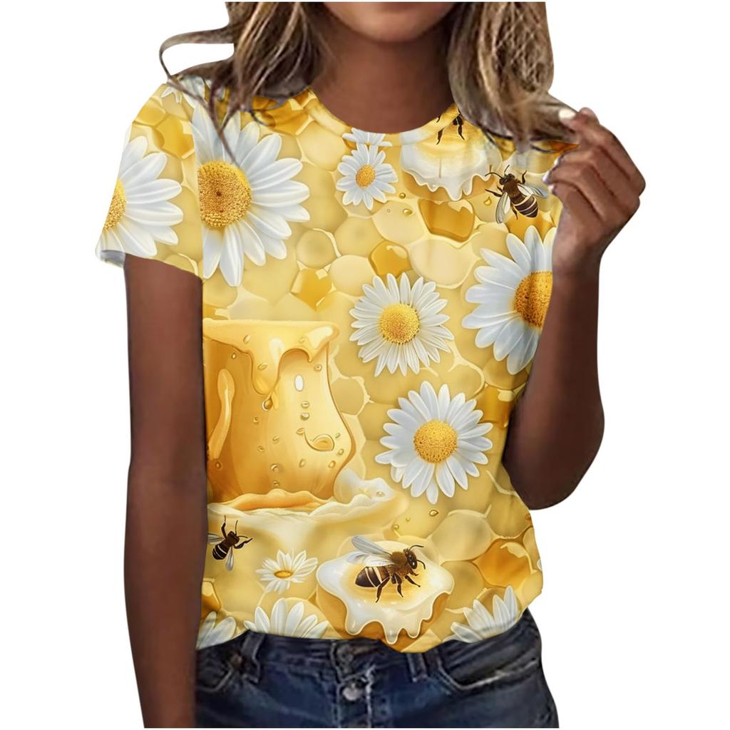 Cute Honey Bee Graphic 3D Print T-Shirts Women's Short Sleeves Elegant T Shirt Streetwear Y2k Harajuku Tees Tops Female Clothing