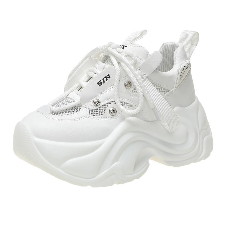 Fashion Fashion Chunky Sneakers Women Autumn Lace Up Platform Sports Shoes Woman 7CM Thick Bottom High Heels Female Leather Sneakers