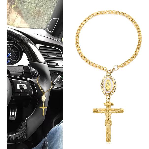 Steering Wheel Rosary Charm Accessory, Charm for Car Rearview Mirror, Catholic Rosary Hanging Pendant with Crucifix Cross, Virgin Mary Charms & Rope