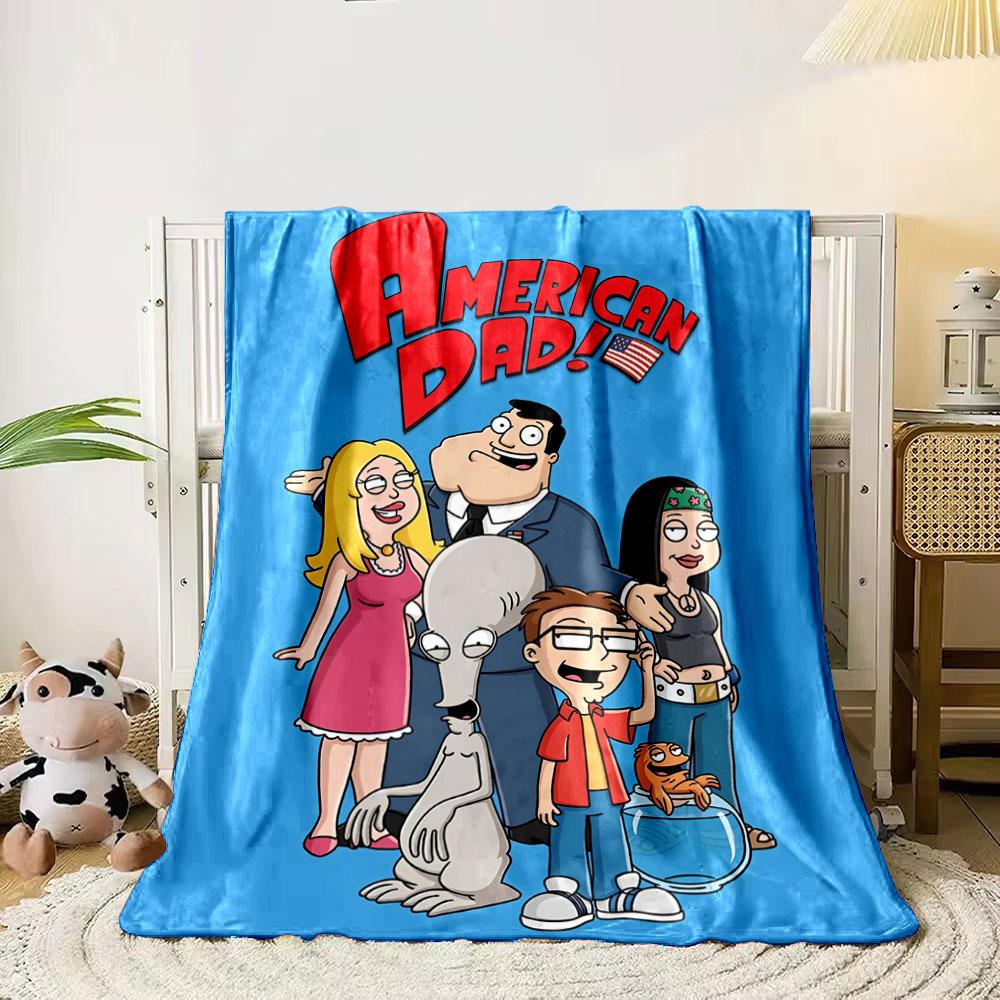Cartoon Family Posing with a Fish, an Alien, and Bold "American Dad!" Text. for All Seasons Blanket Lunch Break Throw Gift