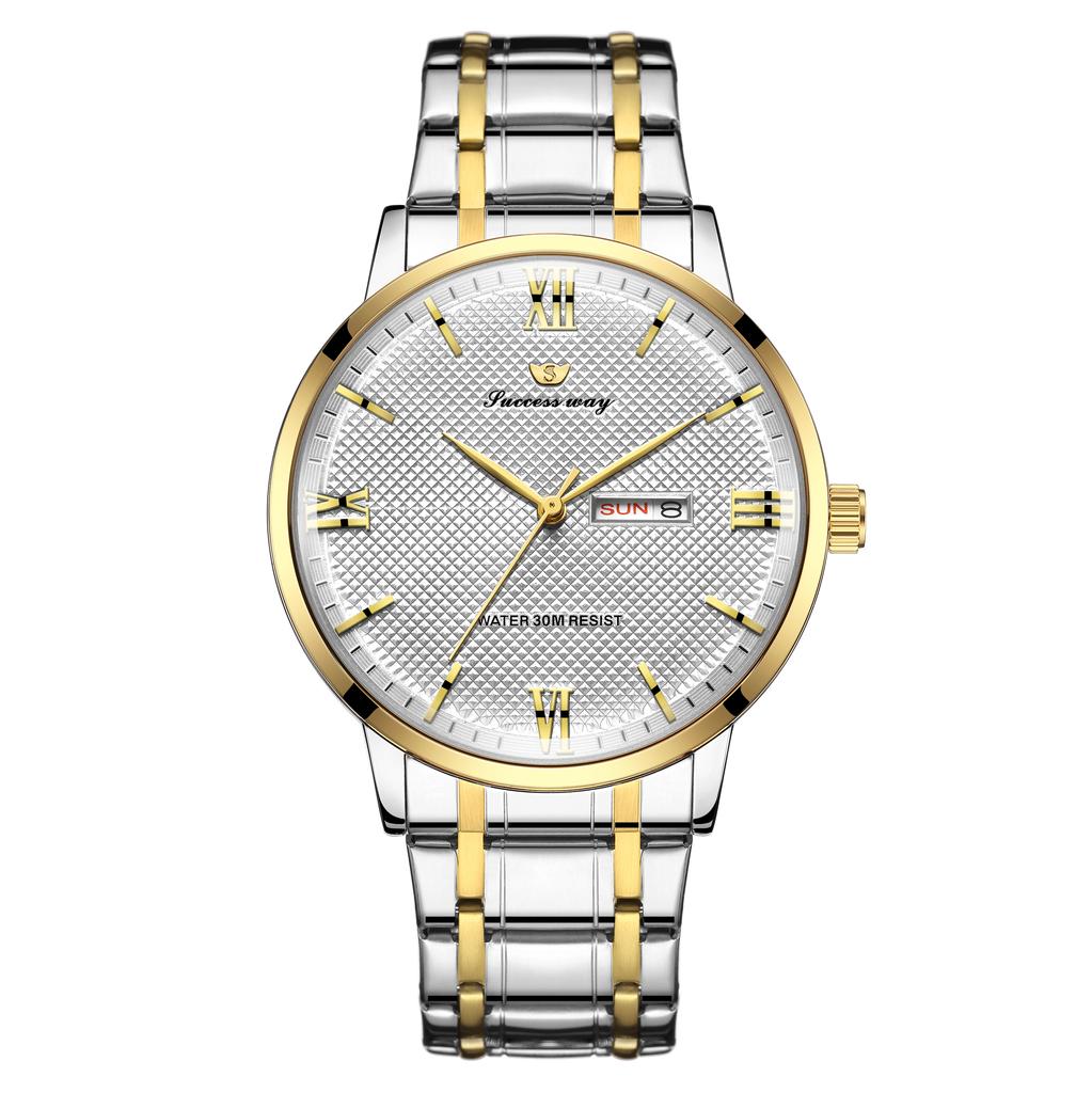 New high end elegant business steel strip men's quartz watch waterproof double calendar Roman numeral men's quartz watch