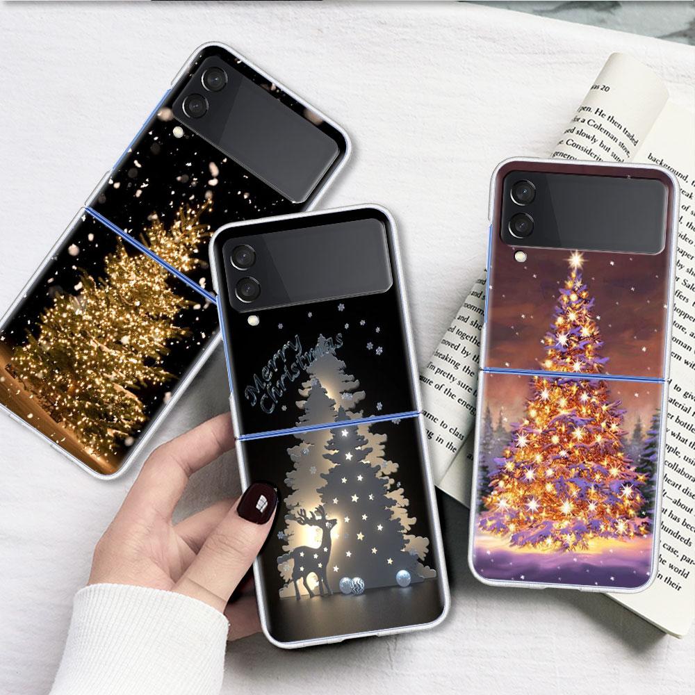 Merry Christmas Tree Deer Case For Samsung Galaxy Z Flip 4 5G Transparent Hard Cell Phone Cover ZFlip Clear PC Luxury Coque