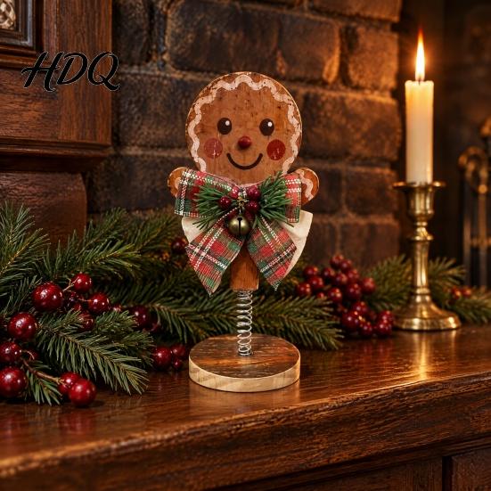 Vintage Christmas Room Decor Retro Wooden Ornaments Gingerbread Man/Reindeer/Snowman Figurine with Spring Base Nodding Elk Xmas Desktop Decorations