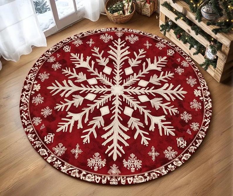 Festive Snowflake Christmas Tree Round Rug Holiday Decor Cozy Living Room Bedroom FloorMat Winter Seasonal Home Gift Bedside Rug