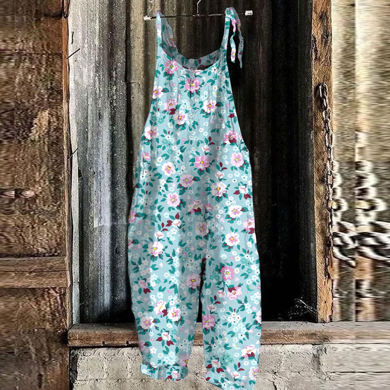 

Женский комбинезон с цветочным принтом, повседневный свободный винтажный комбинезон из хлопка и льна XXL