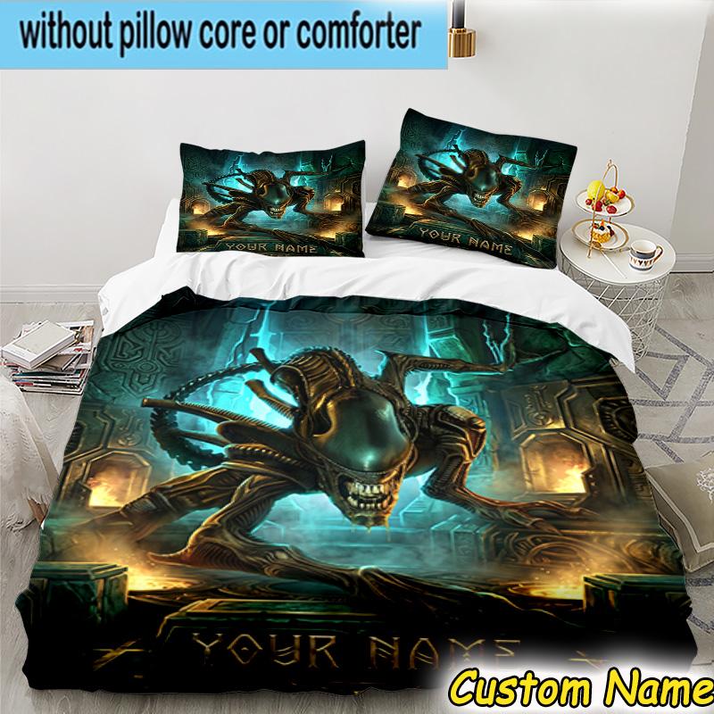 3pcs Custom Name Alien Artwork Bedding Set Includes 1 Duvet Cover & 2 Pillowcases for All Seasons Dormitory Home Decor Christmas Gifts