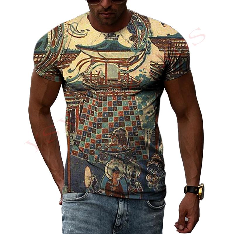 China Dunhuang Mural Graphic Shirt 3D Harajuku Print New Summer Retro Art Casual Short Sleeve Top For Men And Women Personality