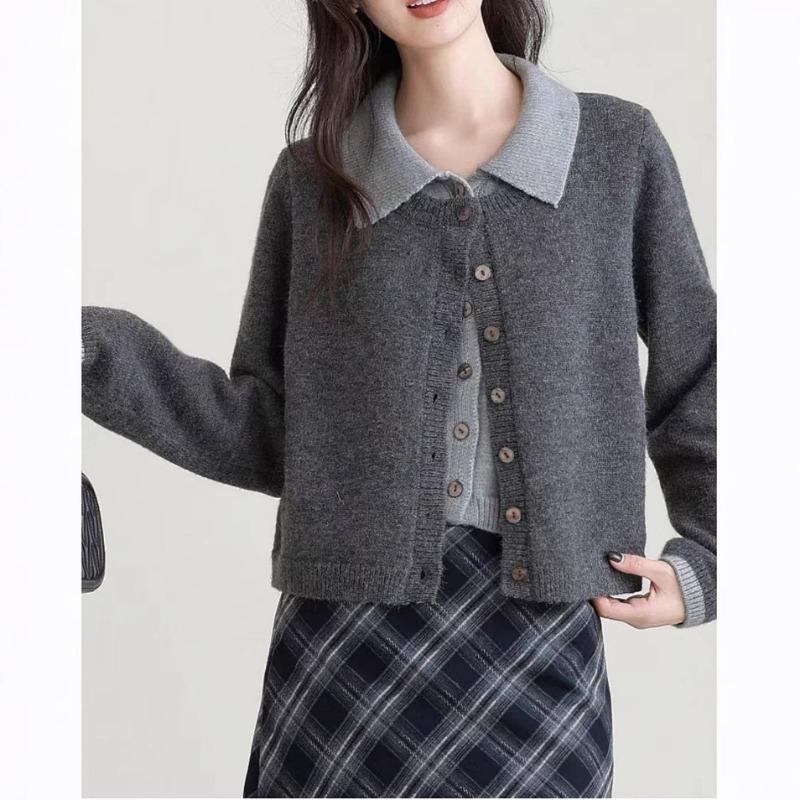 Fake two-piece college-style knitted cardigan women's autumn and winter temperament age-reducing retro versatile sweater jacket women