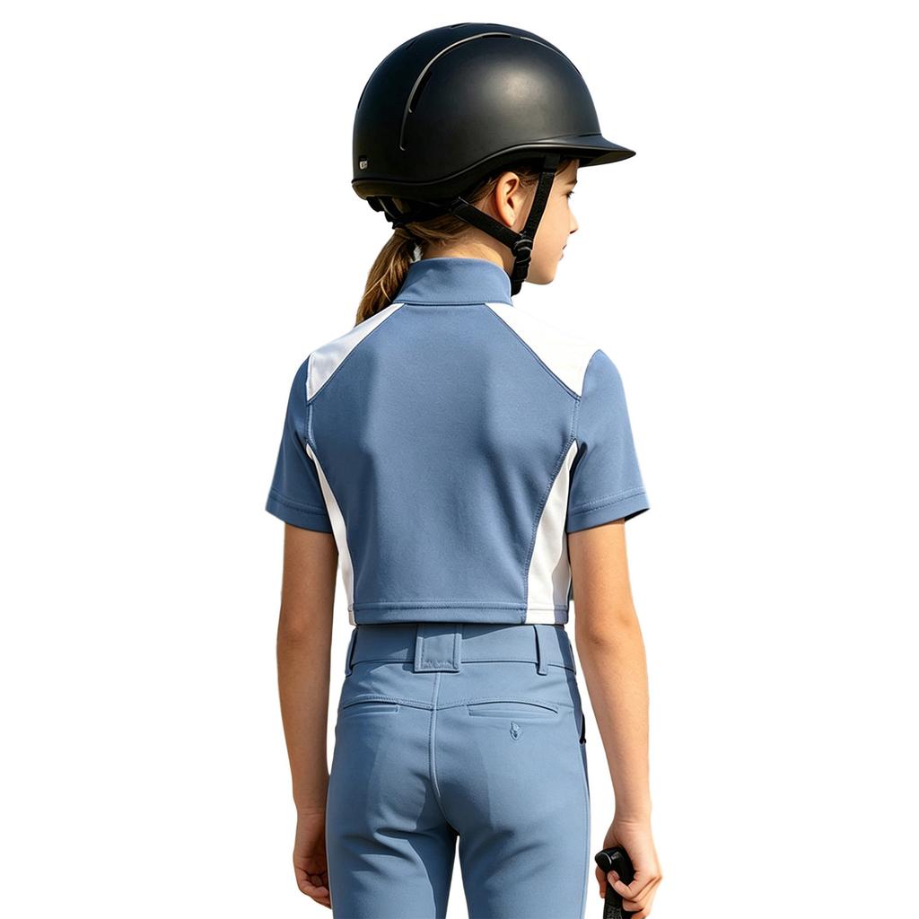 Kids Girls Color-block Equestrian Shirt Zip-up Stand Collar Short Sleeve Athletic Tops for Horse Riding Running Golf Tennis Practice