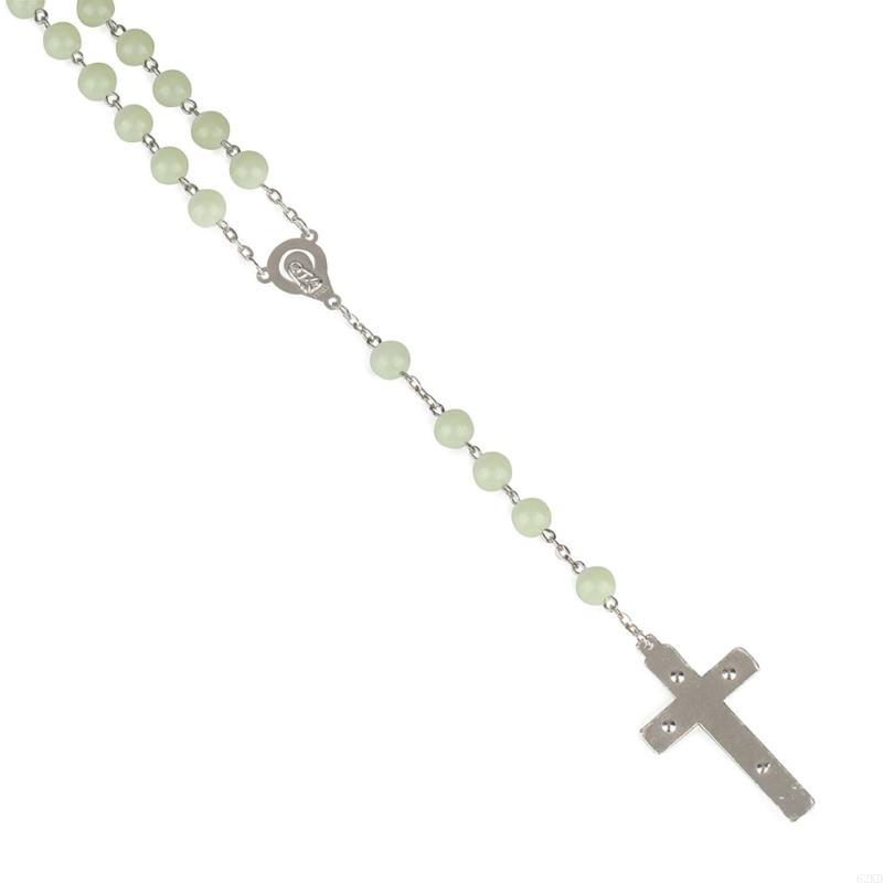 62KD 8mm Glow Rosary Necklace Jesus Christ for Cross Pendant Noctilucent Long Chain Catholicism Fashion Jewelry