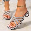 2026 Fashion Round Heel Slippers Summer New Square Toe Open Toe Cross Crystal Slim Strap Slip Anti-slip Women's Kitten Heels